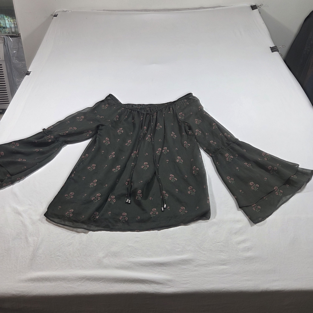 White House Black Market Dark Green Floral Blouse Bell Sleeves Elastic Neckline